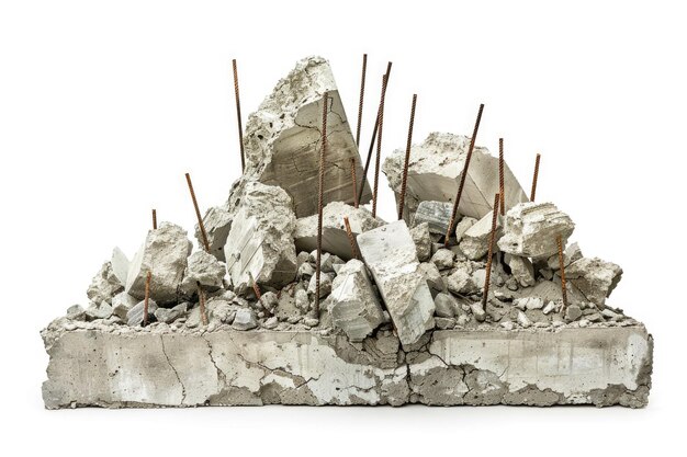Photo concrete building debris with exposed rebar on white background