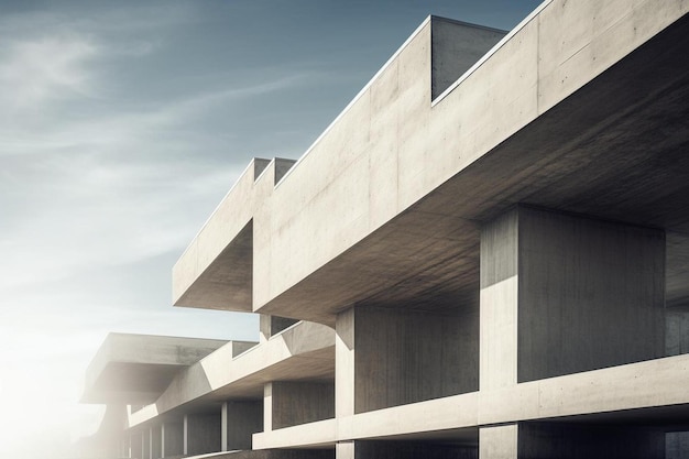 a concrete building with a concrete structure and a sky background