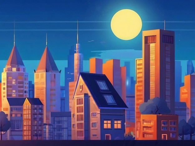 Photo concrete city with attic during twilight cartoon city building simple background vector