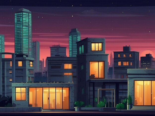 Photo concrete city with attic during twilight cartoon city building simple background vector