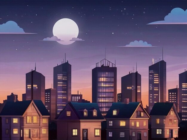 Photo concrete city with attic during twilight cartoon city building simple background vector