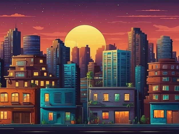 Concrete City With Attic tijdens Twilight cartoon City gebouw eenvoudige achtergrond vector