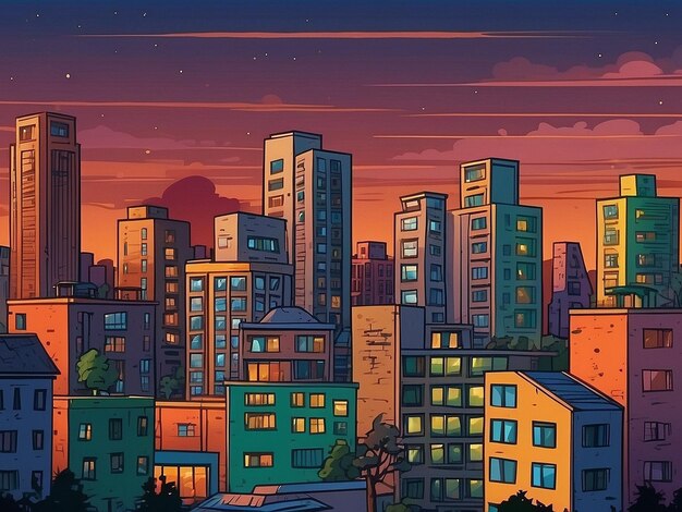Concrete City With Attic tijdens Twilight cartoon City gebouw eenvoudige achtergrond vector