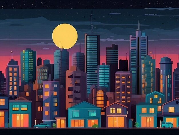 Concrete City With Attic tijdens Twilight cartoon City gebouw eenvoudige achtergrond vector