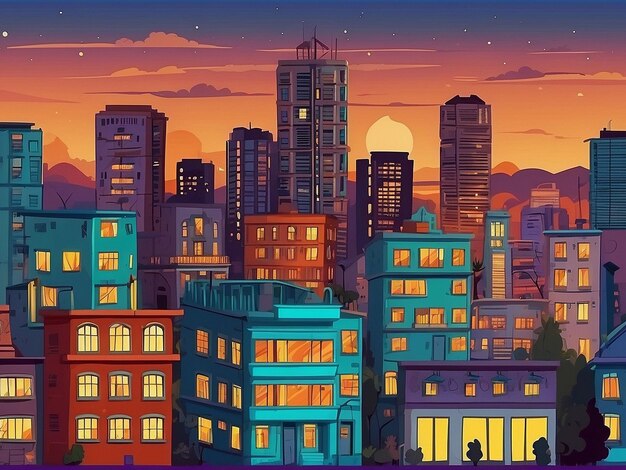 Concrete City With Attic tijdens Twilight cartoon City gebouw eenvoudige achtergrond vector