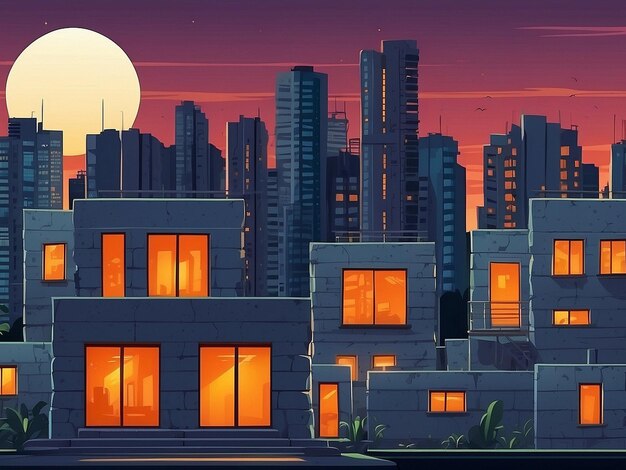 Concrete City With Attic during Twilight cartoon City building simple background vector