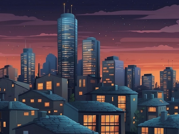 Concrete City With Attic during Twilight cartoon City building simple background vector