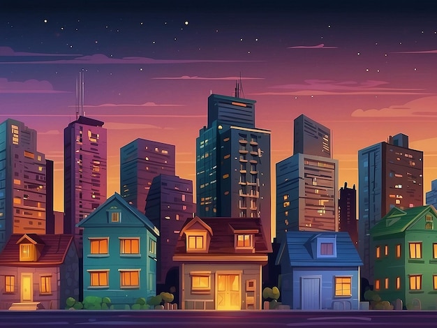 Бетонный город с чердаком во время мультфильма "Сумерки" Городское здание простой вектор фона