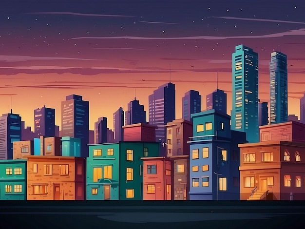 Бетонный город с чердаком во время мультфильма "Сумерки" Городское здание простой вектор фона
