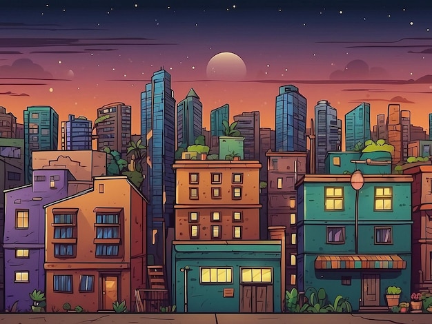 Concrete City With Attic during Twilight cartoon City building simple background vector