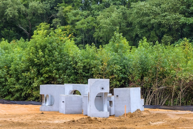 Concrete drainage pipe on a construction stacked sewage water system