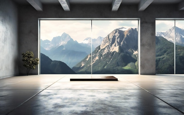 A concrete floor in front of a mountain