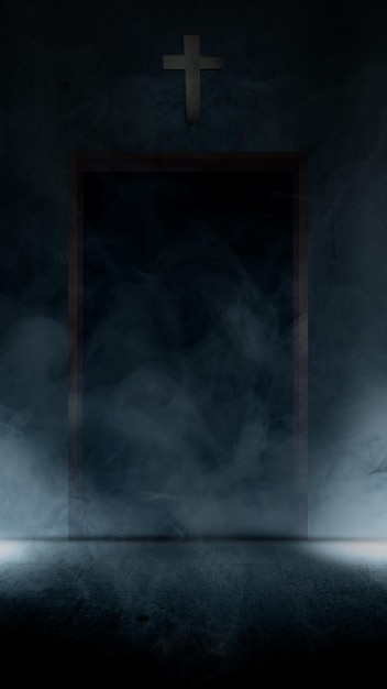 写真 暗い背景に開いたドアと白い煙のある十字架を持つコンクリートの床怖いハロウィーンの背景コンセプト