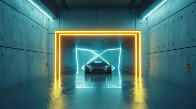 Concrete futuristic garage background car inside modern underground room with blue yellow neon light Concept of warehouse interior parking construction