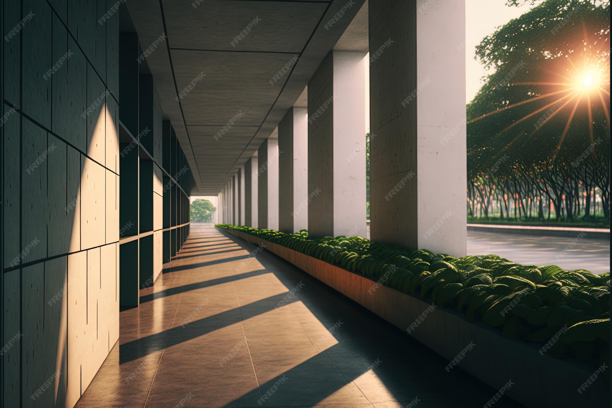 Premium AI Image | The concrete hallway with a park setting has space