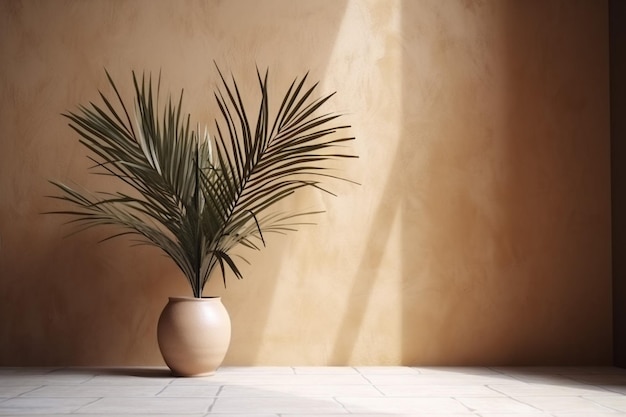 Бетон интерьер бежевая комната ваза декор стены дизайн дома тени солнечный свет Генеративный AI