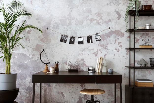 Concrete interior of home office with black desk black and white image office accessories and plants Rack with personal accessories Home decor Template