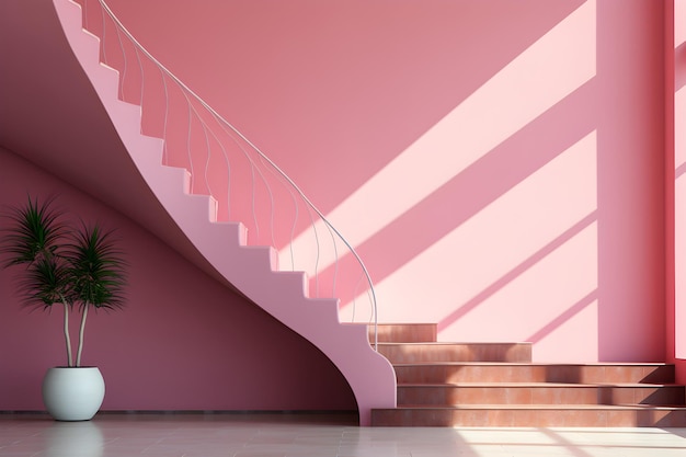 Concrete interior stairs next to pink wall generated AI
