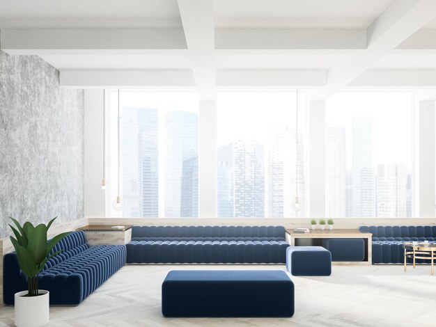 Concrete loft living room interior with a white wooden floor, a blue couch and a coffee table. 3d rendering mock up