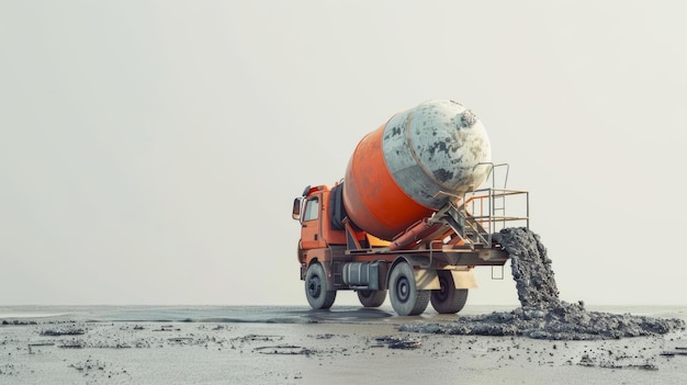 Concrete mixer pouring cement into a foundation smooth flow captured against a clean white ground