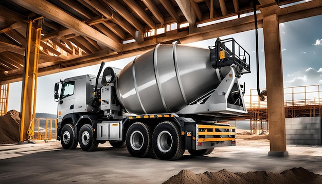 Photo a concrete mixer truck pouring concrete into a formwork at a construction site