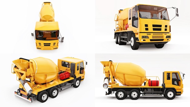 Concrete mixer truck set on white background Threedimensional illustration of construction equipment 3d rendering