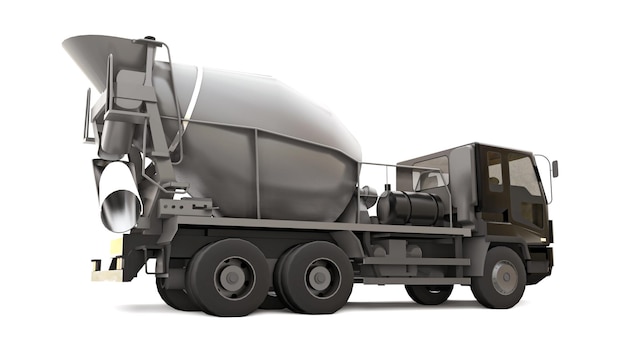 Foto camion betoniera con cabina nera e miscelatore grigio su sfondo bianco. illustrazione tridimensionale di attrezzature per l'edilizia. rendering 3d.