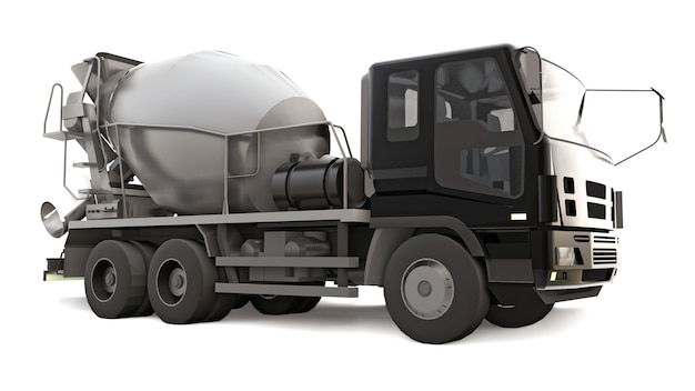 Concrete mixer truck with black cab and grey mixer on white