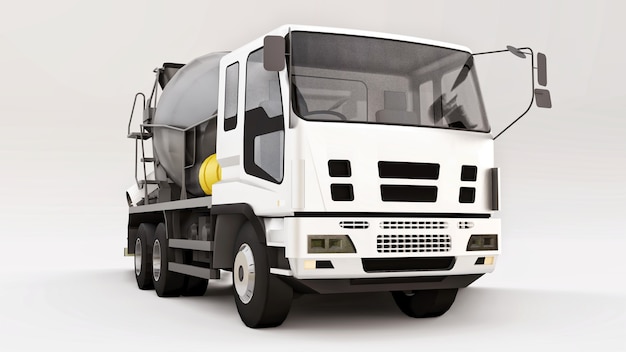 Concrete mixer truck with white cab and grey mixer on white background. Three-dimensional illustration of construction equipment. 3d rendering.