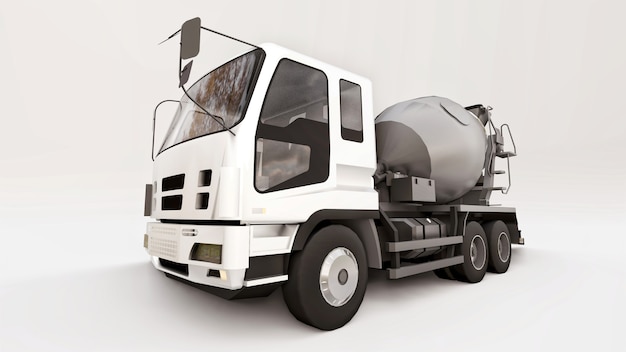 Camion betoniera con cabina bianca e miscelatore grigio su sfondo bianco. illustrazione tridimensionale di attrezzature per l'edilizia. rendering 3d.