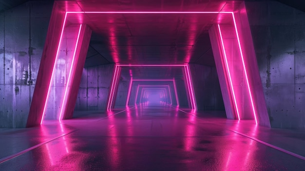 コンクリートのネオンホールの背景 抽象的な空のガレージ 線路のリードピンクの光 現代のダークグランジの廊下やトンネルの展望 グランジの部屋の倉庫のコンセプト