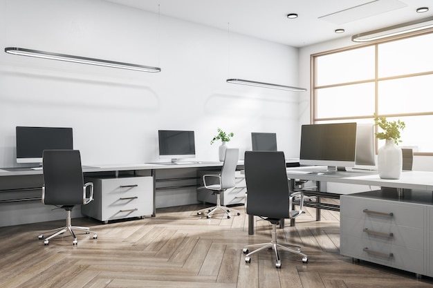 Бетонный офисный интерьер с панорамным окном и яркой дневной мебелью и оборудованием с видом на город 3D рендеринг