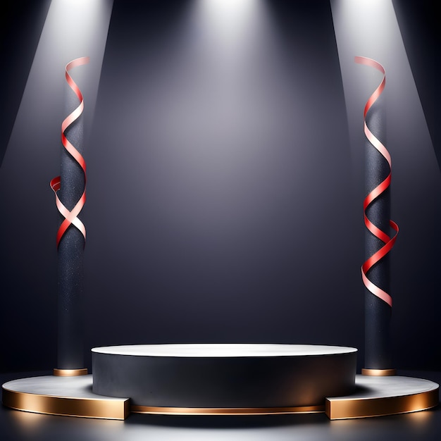 Фото Бетонный подиум на темной сцене с ленточным элементом для презентации продукции и эффекта прожектора