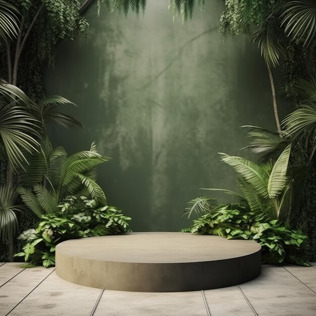 Concrete podium in tropical forest for product presentation on green wall Generative AI