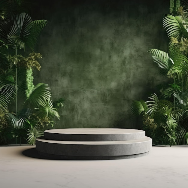 Concrete podium in tropical forest for product presentation on green wall Generative AI