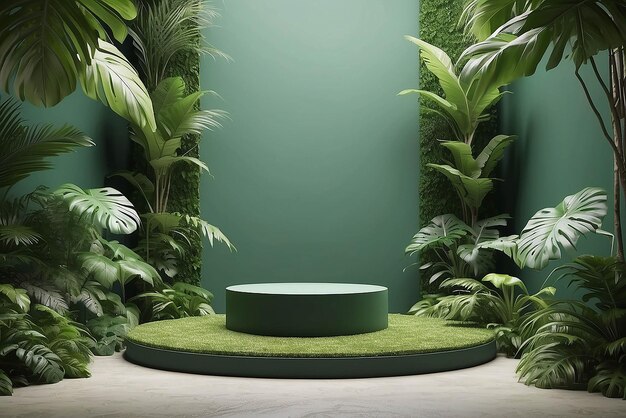 Concrete podium in tropical forest for product presentation and green wall3d rendering