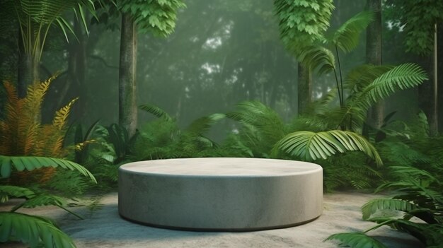 Photo a concrete podium with a living wall is located in a tropical forest3d rendering the generative ai