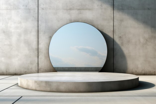 Concrete podium with a mirror on a light background Round mirror podium for product presentation