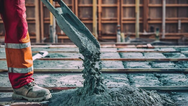 Photo concrete pouring during commercial concreting floors of buildings in construction site