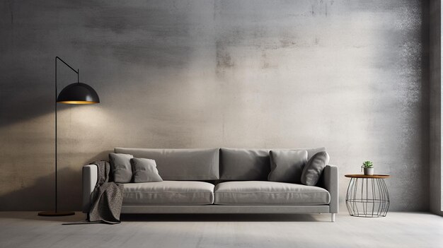Concrete Room with Comfortable Gray Corner Sofa