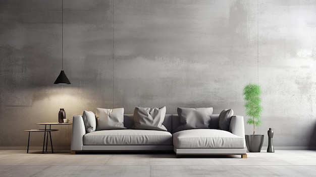 Concrete Room with Comfortable Gray Corner Sofa