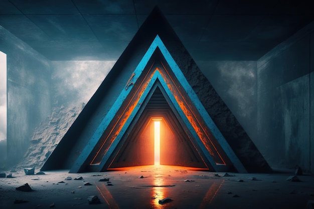 Concrete room with triangle portal illuminated by blue and orange neon light Created Using Generative AI