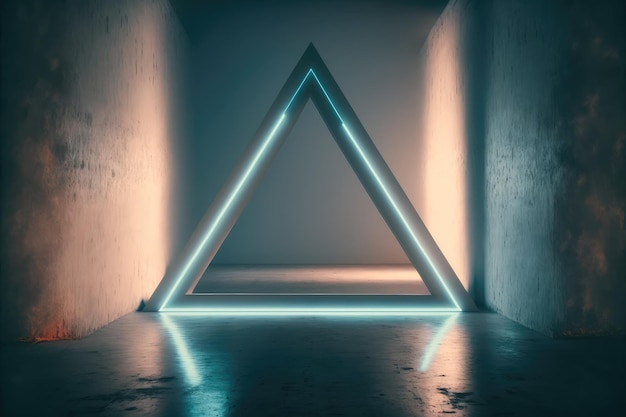 Concrete room with triangle portal illuminated by blue and orange neon light