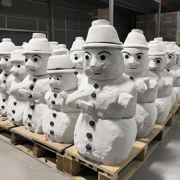 Concrete snowmen on pallets in store with helmet workers