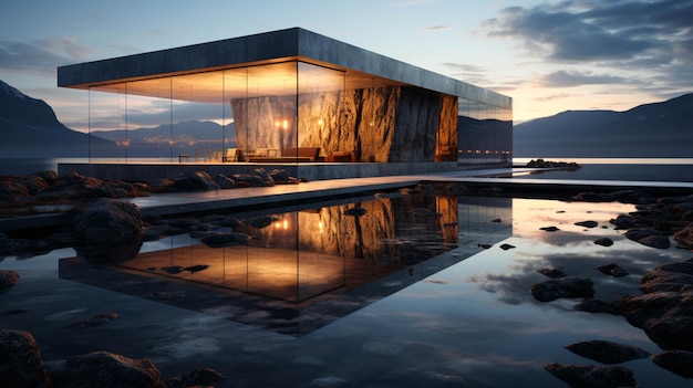 Concrete structure near water at night