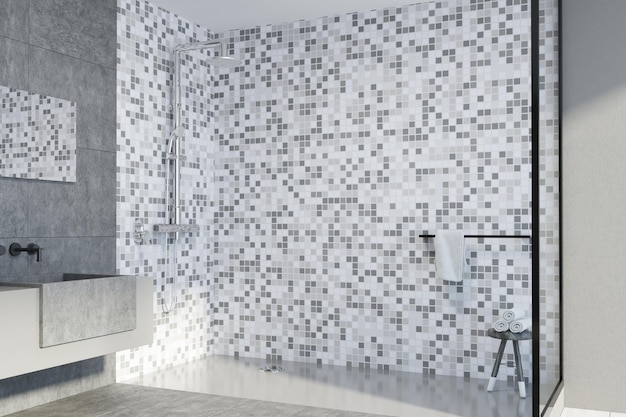 Photo concrete and tiled bathroom corner with a double sink standing on a long white and concrete shelf with a long horizontal mirror hanging above it. a shower. 3d rendering mock up