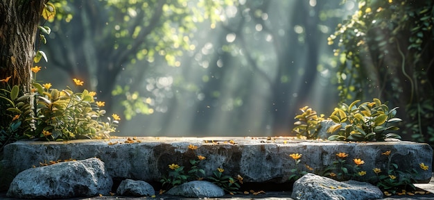 a concrete top of a table with foliage