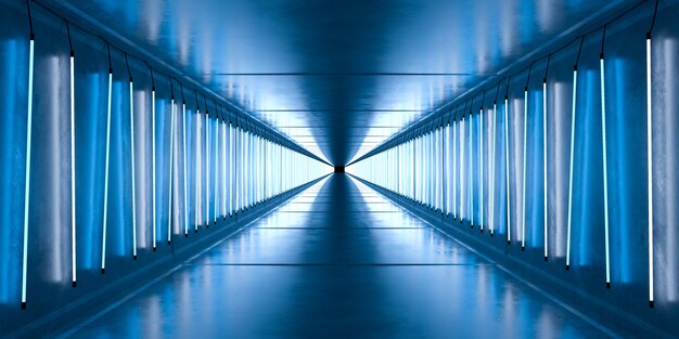 Concrete tunnel with neon lamp tubes on the walls