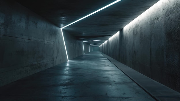 Concrete underground tunnel background modern dark corridor with grey walls and lines of led light perspective view of grungy warehouse or garage Concept of hall room interior