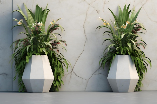 Concrete vases with tropical plants in modern interior